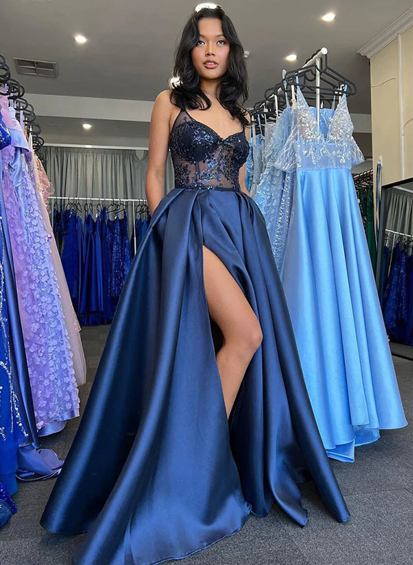A Line Sequin Prom Dress With Split Front
