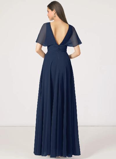 V-Neck Chiffon Bridesmaid Dresses With Short Sleeves