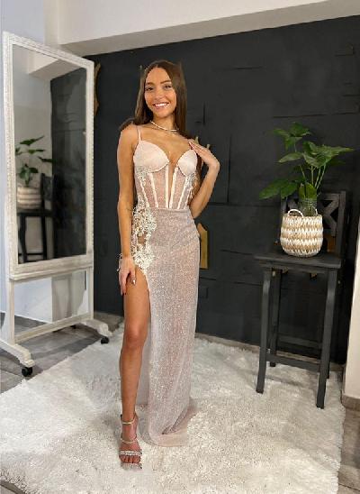 Sheath V-Neck Sleeveless Long Prom Dress With Detachable Sweep Train