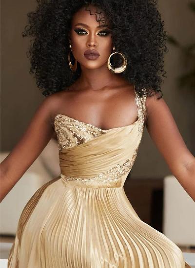 One Sholuder Satin Prom Dress With Sequined