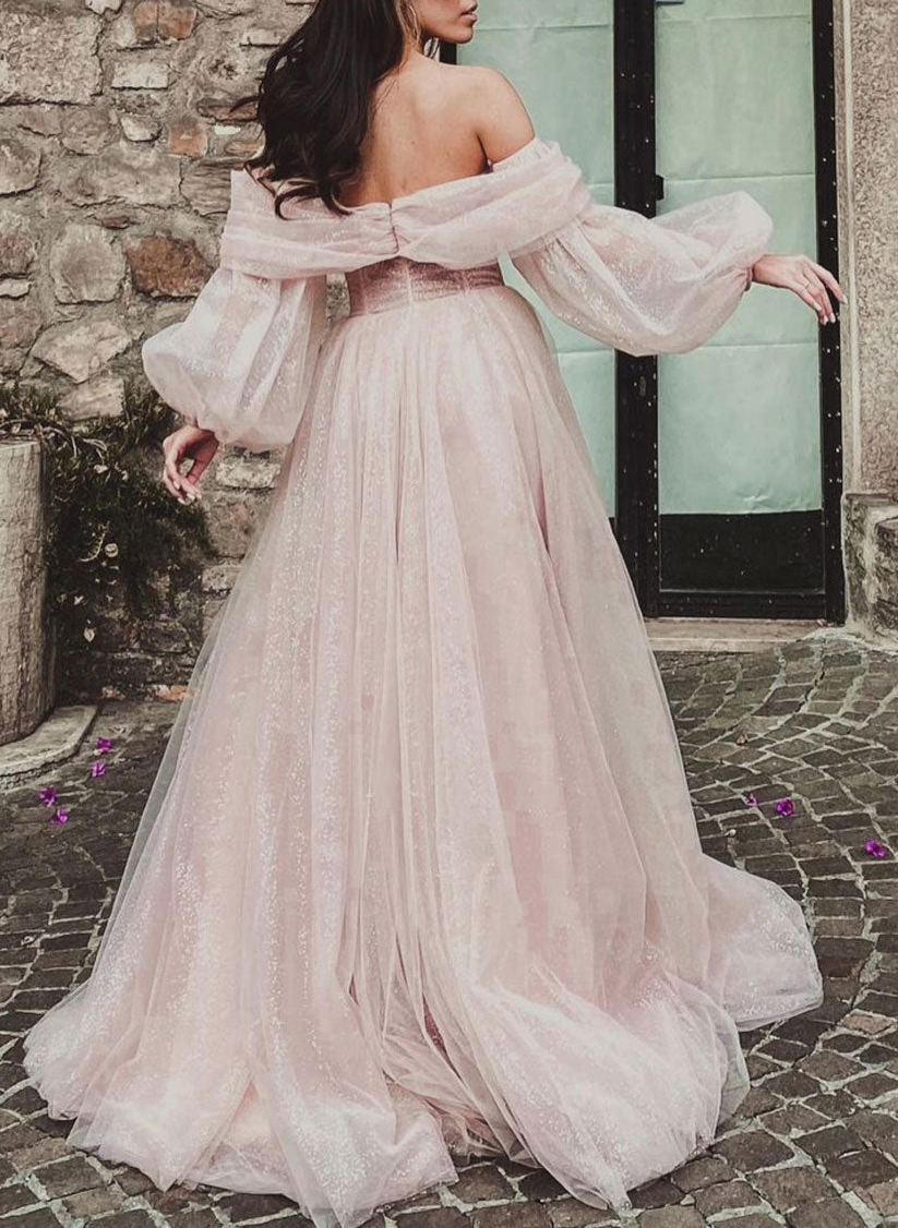 Princess Off-The-Shoulder Long Sleeves Tulle Prom Dress With Pleated Split