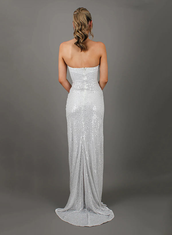 Sheath/Column Cowl Neck Sleeveless Sequined Prom Dresses With High Split