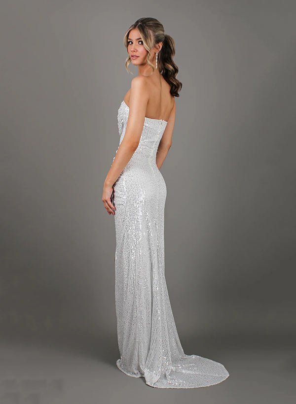 Sheath/Column Cowl Neck Sleeveless Sequined Prom Dresses With High Split