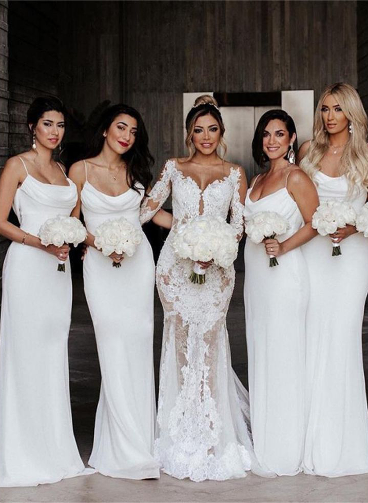 Cowl Neck Fitted White Long Bridesmaid Dresses
