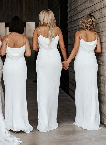 Cowl Neck Fitted White Long Bridesmaid Dresses