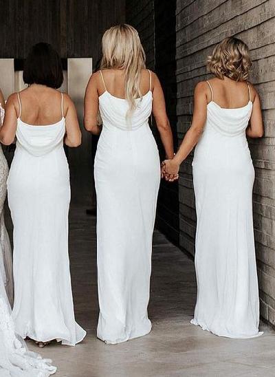 Cowl Neck Fitted White Long Bridesmaid Dresses
