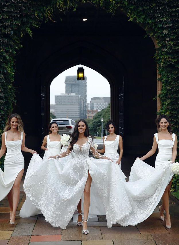 Ivory Sheath/Column Slit Bridesmaid Dresses