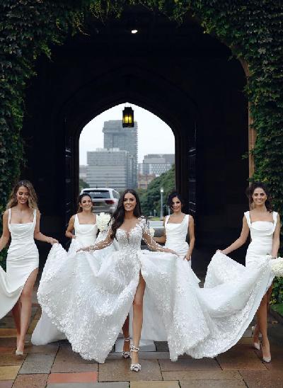 Ivory Sheath/Column Slit Bridesmaid Dresses