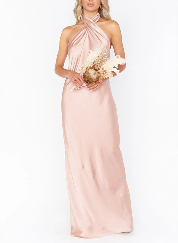 Sheath Halter Sleeveless Floor-Length Silk like Satin Bridesmaid Dresses