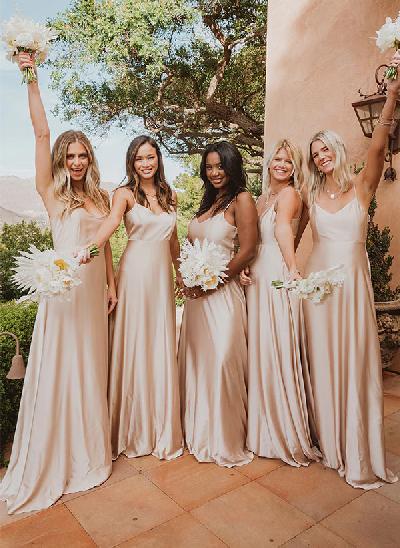 A-Line V-Neck Sleeveless Floor-Length Silk Like Satin Bridesmaid Dresses