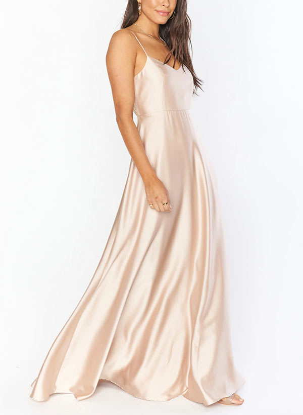 A-Line V-Neck Sleeveless Floor-Length Silk Like Satin Bridesmaid Dresses