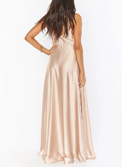 A-Line V-Neck Sleeveless Floor-Length Silk Like Satin Bridesmaid Dresses