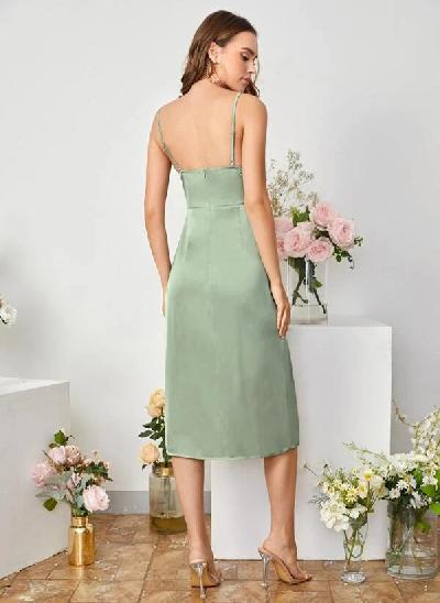 Sheath V-Neck Sleeveless Tea-Length Satin Bridesmaid Dresses With Split Front