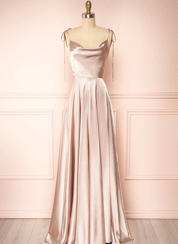 A-Line Cowl Neck Sexy Spaghetti Straps Satin Bridesmaid Dresses With High Split