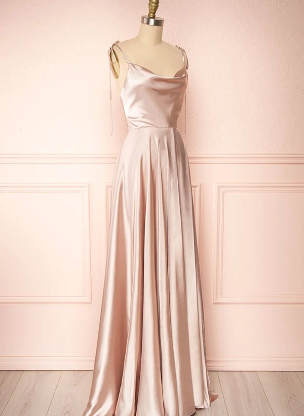A-Line Cowl Neck Sexy Spaghetti Straps Satin Bridesmaid Dresses With High Split