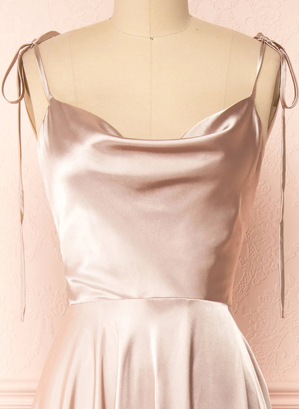 A-Line Cowl Neck Sexy Spaghetti Straps Satin Bridesmaid Dresses With High Split