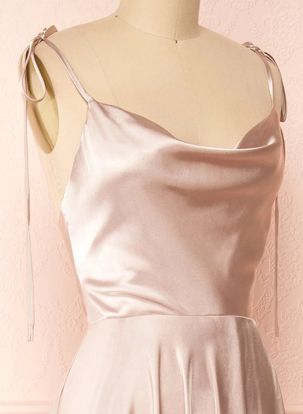 A-Line Cowl Neck Sexy Spaghetti Straps Satin Bridesmaid Dresses With High Split