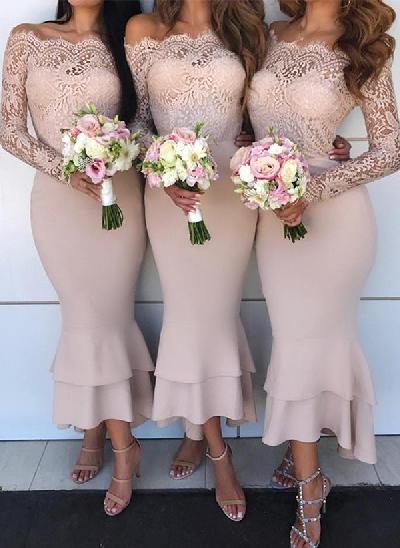 Trumpet/Mermaid Off-The-Shoulder Long Sleeves Lace/Satin Bridesmaid Dresses