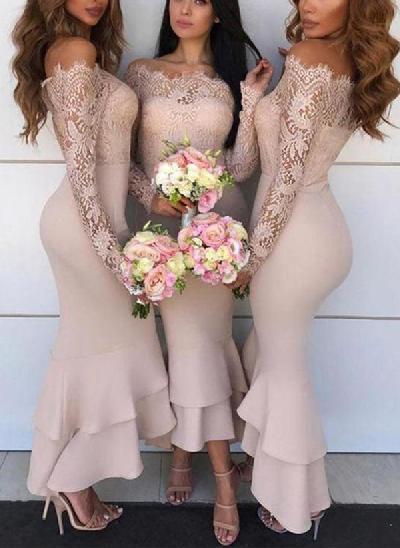 Trumpet/Mermaid Off-The-Shoulder Long Sleeves Lace/Satin Bridesmaid Dresses