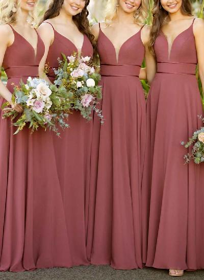 A-Line V-Neck Floor-Length Chiffon Bridesmaid Dresses With Pleated
