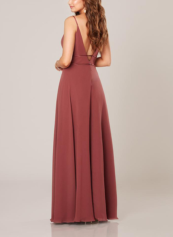 A-Line V-Neck Floor-Length Chiffon Bridesmaid Dresses With Pleated