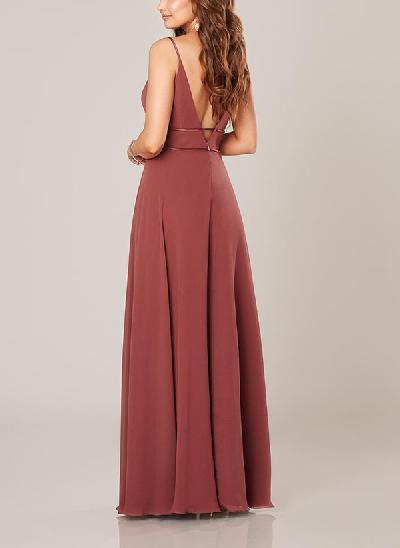 A-Line V-Neck Floor-Length Chiffon Bridesmaid Dresses With Pleated