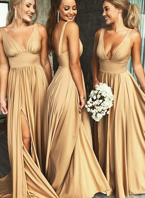 A-Line V-Neck Sleeveless Sweep Train Jersey Bridesmaid Dresses With Split Front