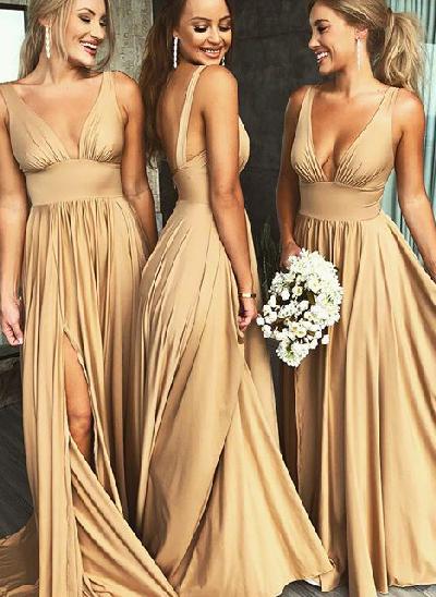 A-Line V-Neck Sleeveless Sweep Train Jersey Bridesmaid Dresses With Split Front