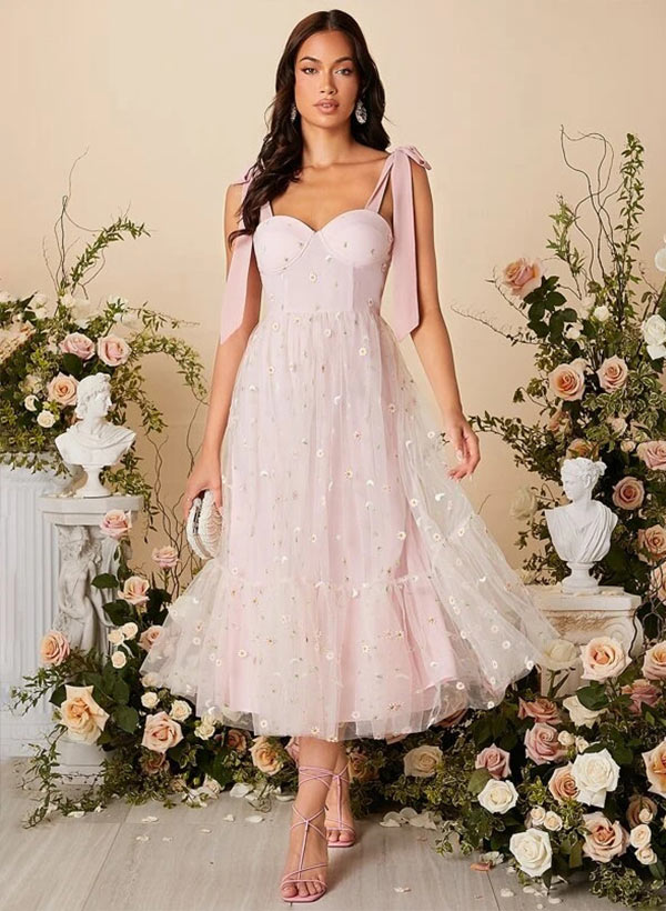 A-Line Sweetheart Sleeveless Tea-Length Lace Bridesmaid Dresses