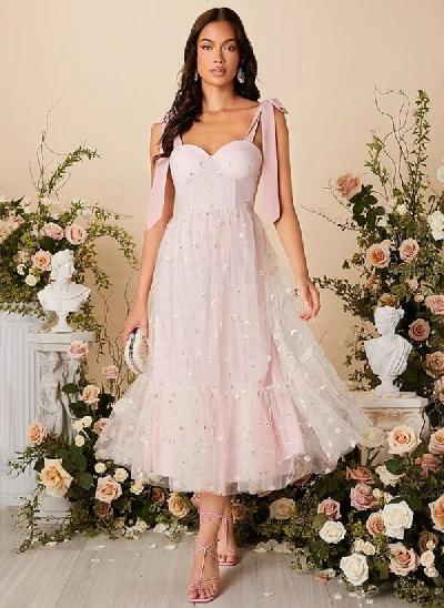 A-Line Sweetheart Sleeveless Tea-Length Lace Bridesmaid Dresses