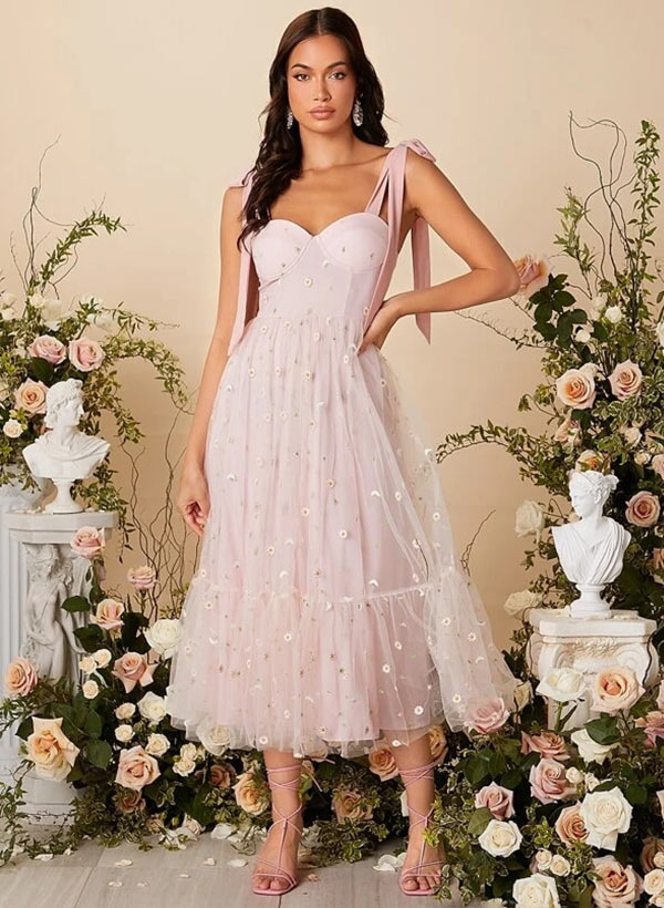 A-Line Sweetheart Sleeveless Tea-Length Lace Bridesmaid Dresses