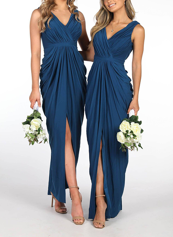 Sheath/Column V-Neck Sleeveless Satin Bridesmaid Dresses With Split Front