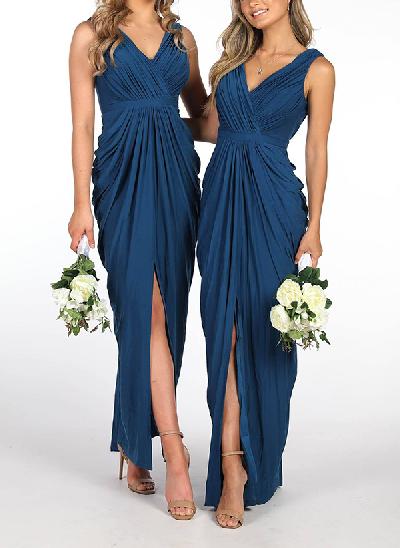 Sheath/Column V-Neck Sleeveless Satin Bridesmaid Dresses With Split Front