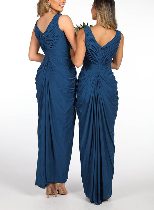 Sheath/Column V-Neck Sleeveless Satin Bridesmaid Dresses With Split Front