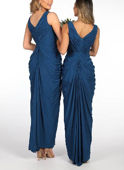 Sheath/Column V-Neck Sleeveless Satin Bridesmaid Dresses With Split Front