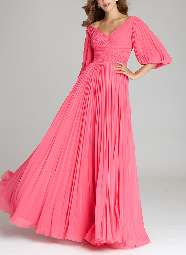 A-Line V-Neck 1/2 Sleeves Chiffon Mother Of The Bride Dresses With Pleated