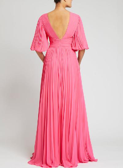 A-Line V-Neck 1/2 Sleeves Chiffon Mother Of The Bride Dresses With Pleated