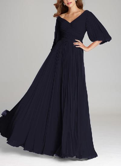 A-Line V-Neck 1/2 Sleeves Chiffon Mother Of The Bride Dresses With Pleated
