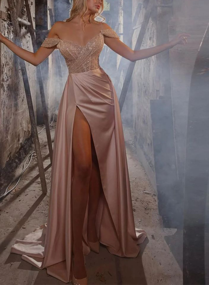 Off-The-Shoulder A-Line Sequined Satin Prom Dresses