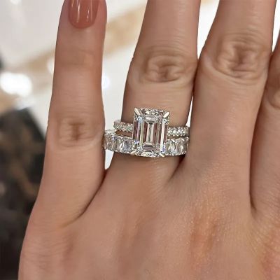 Gorgeous Emerald Cut Wedding Set For Women In Sterling Silver