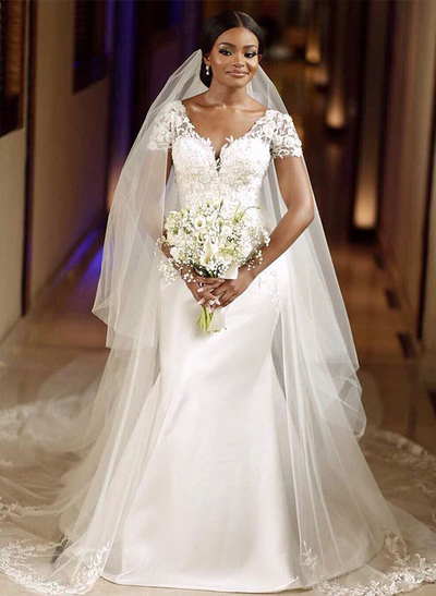 V-Neck Short Sleeves Court Train Lace/Satin Wedding Dresses With Lace