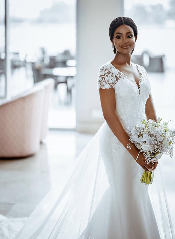 V-Neck Short Sleeves Court Train Lace/Satin Wedding Dresses With Lace
