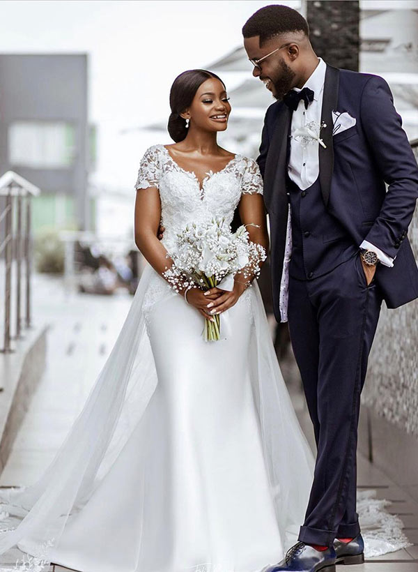 V-Neck Short Sleeves Court Train Lace/Satin Wedding Dresses With Lace