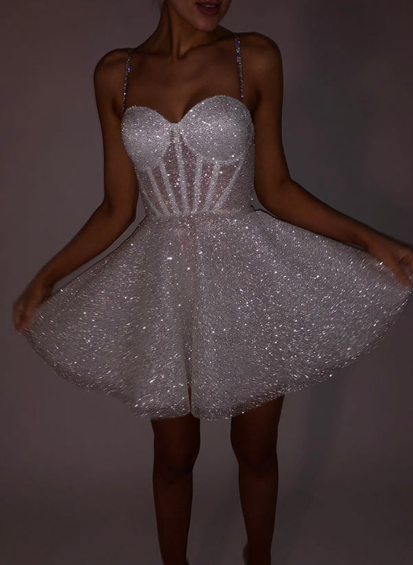 Dreamy A-Line Sweetheart Short/Mini Sweet Sequined Little White Wedding Dresses