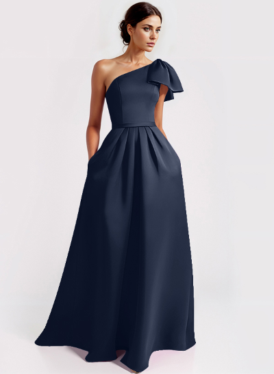 Unique Bow Accented One-Shoulder Ruched Wasit Satin Mother Of The Bride Dresses