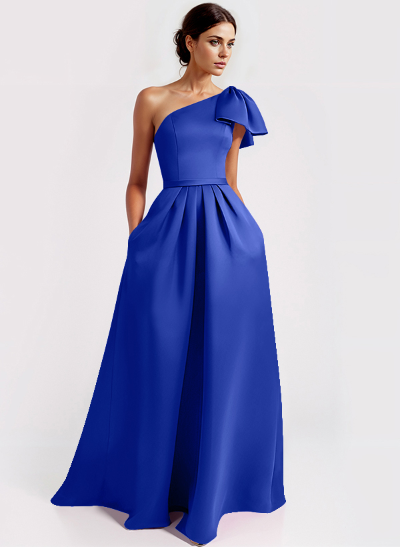 Unique Bow Accented One-Shoulder Ruched Wasit Satin Mother Of The Bride Dresses