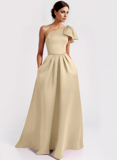 Unique Bow Accented One-Shoulder Ruched Wasit Satin Mother Of The Bride Dresses