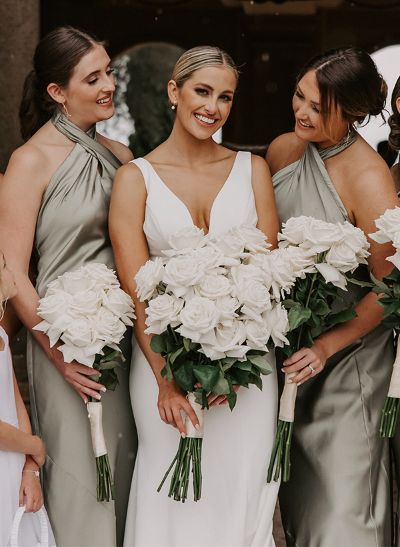 Sheath/Column Halter Sleeveless Silk Like Satin Bridesmaid Dresses