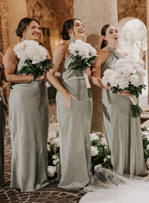 Sheath/Column Halter Sleeveless Silk Like Satin Bridesmaid Dresses