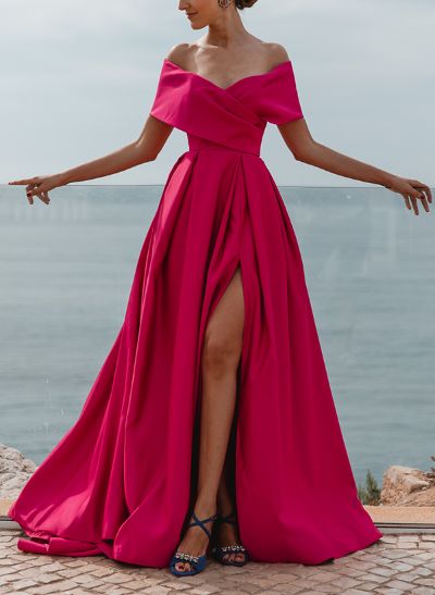 A-Line Off-The-Shoulder Satin Mother Of The Bride Dresses With Split Front